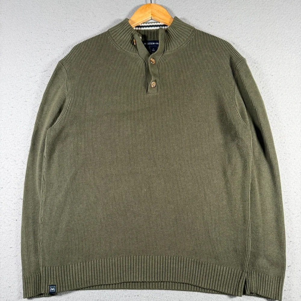 Mizzen+Main Men Olive Green Ribbed‎ Mock Neck Button Up Sweater XL Comfort